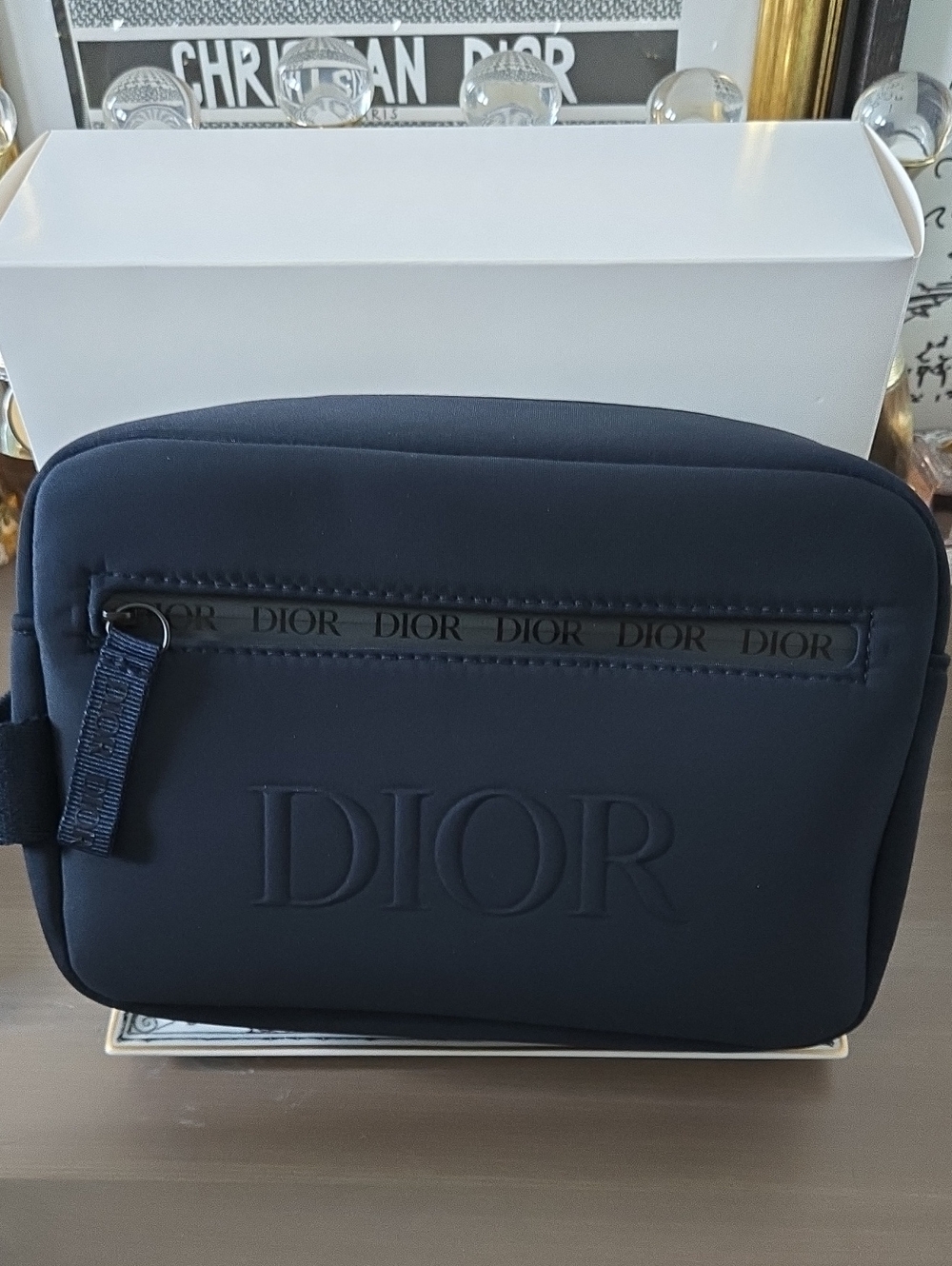 New In Box Never Used DIOR Travel Bag Case Dark Blue Scuba Material Dior logo